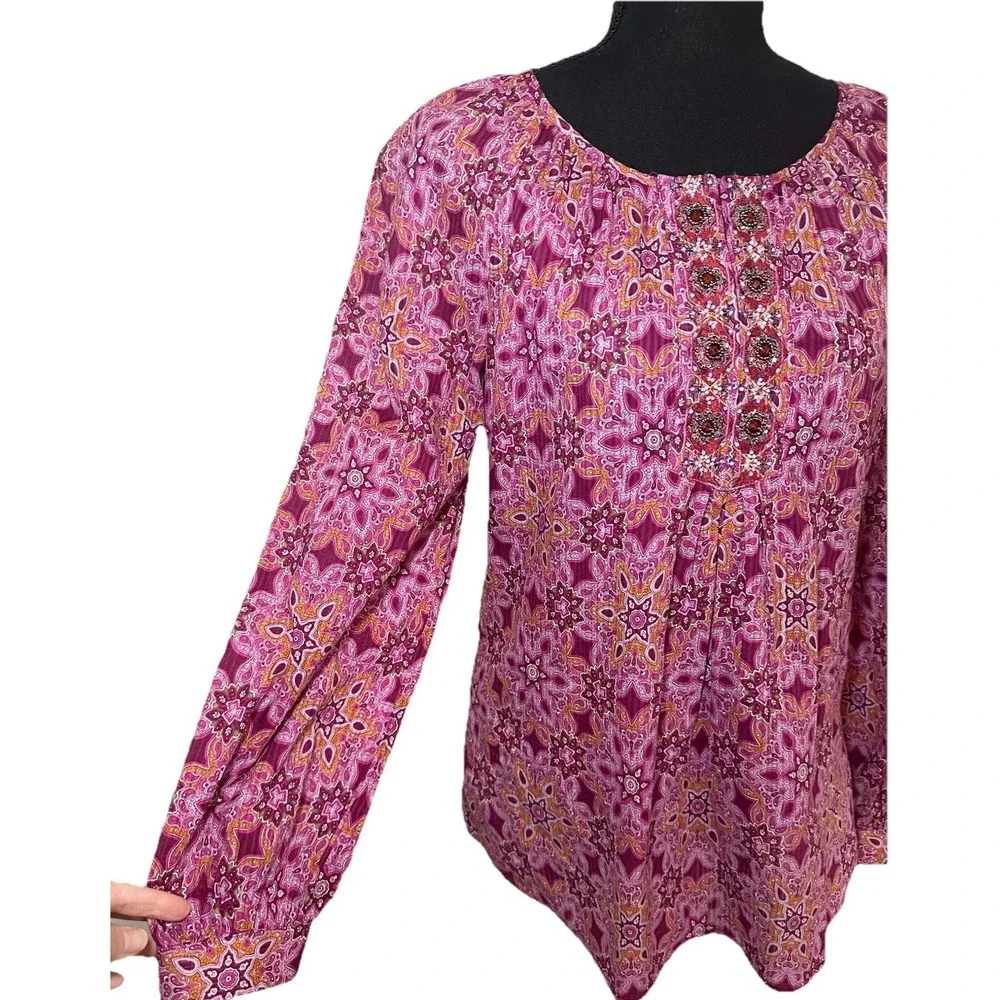 Robert Graham Women's SMALL Pink‎ Purple Beaded Embroidered Paisley Boho Blouse